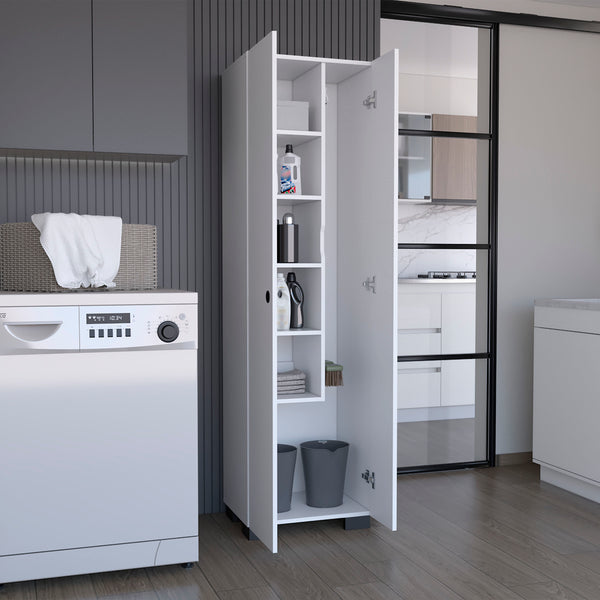 English Elm Broom Slim Double-Door Cabinet with Shelves & 3 Side Hangers, White Engineered Wood Storage B097S00188