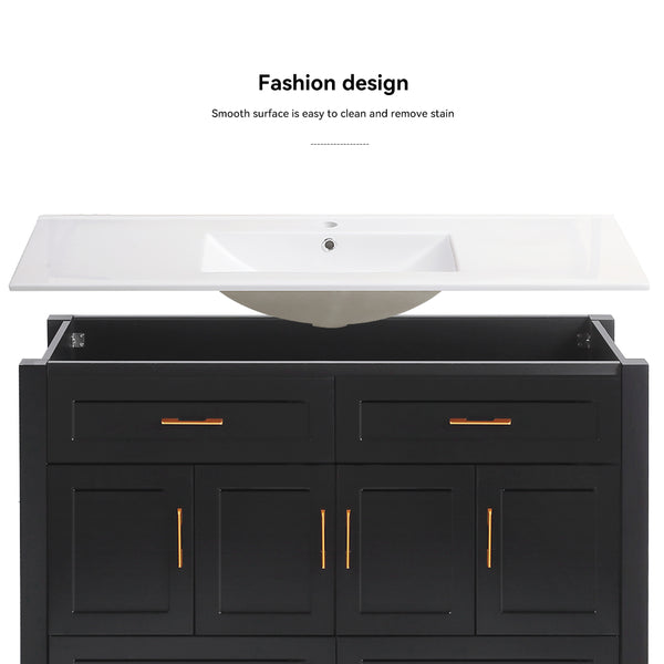 English Elm 48" Matte Black Bathroom Vanity with Ceramic Basin 8 Soft Close Storage Doors Drawers W3133S00004