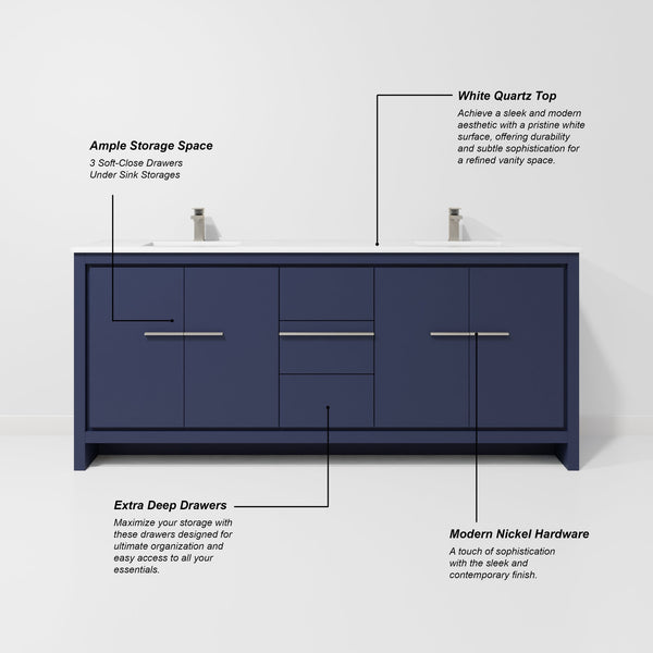 English Elm Navy Double Bath Vanity 80" W With White Quartz Top, Gun Metal Faucet & Large 70" Mirror Included B2731S01763