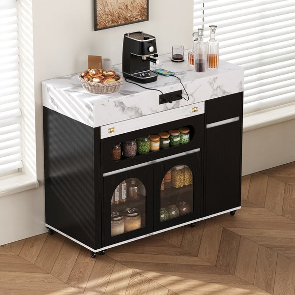 English Elm Trexm Rolling Kitchen Island Extendable Marble Top Cabinet Drawers Power Outlet Black,White Marble XW000029AAB