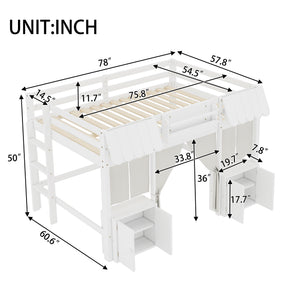 English Elm Full Loft Bed With Bookshelf & Storage - Amusement Park Design, Safety Guardrails, Cozy White Finish W1580S00358