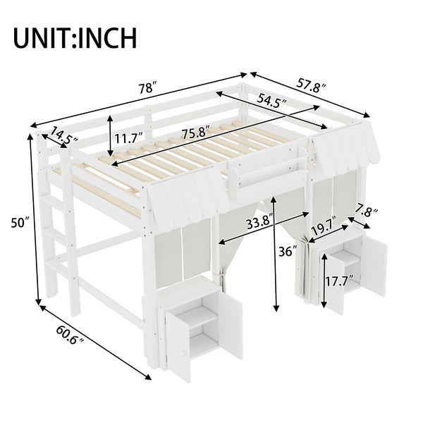 English Elm Full Loft Bed With Bookshelf & Storage - Amusement Park Design, Safety Guardrails, Cozy White Finish W1580S00358