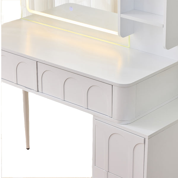 English Elm Modern Makeup Vanity Desk with Slide-Out Cabinet, LED Mirror, 4 Soft-Close Drawers & Cushioned Stool White N844P257529A
