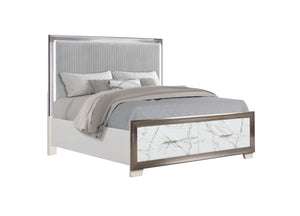 English Elm Desire King Bed with Plush Channelled LED Headboard, Marble-Pattern Footboard Storage & Metallic Trim B009S01591