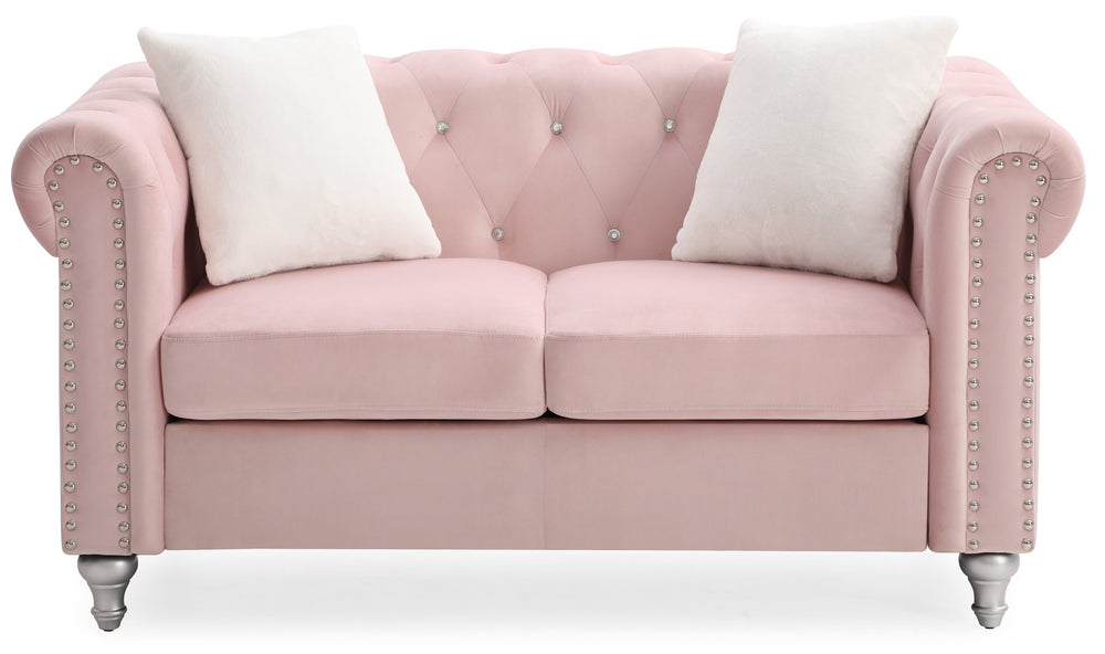 English Elm Cozy Pink Velvet Loveseat with Round Arms, 30"H x 60"W x 34"D, Deep 22.5" Seat for Stylish Comfort and Easy Assembly B078S00104
