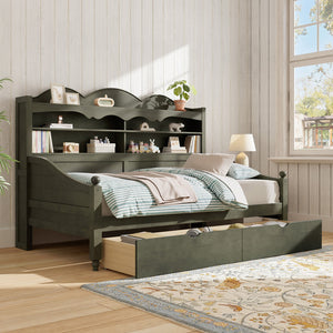English Elm Twin Daybed Retro Wood Frame with Under Bed Drawers and Headboard Shelving Antique Grey N733S415358E