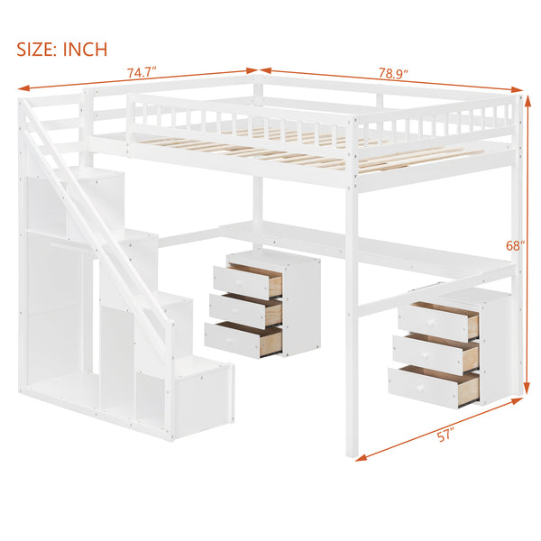English Elm Full Size Loft Bed with Desk Drawers Led Strip and Staircase for Teen Rooms White LT000258AAK-1
