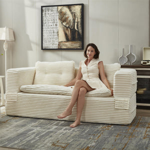 English Elm Multi Purpose Corduroy Sectional with Chaise Converts to King Floor Bed Deep Seat Beige W3219S00005