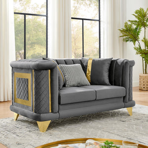English Elm 2pcs Velvet Tufted Sofa Set with Gold Steel Trim Victorian Glam Living Room W1191S00105