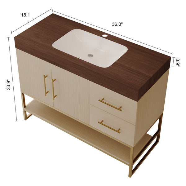 English Elm 36" Freestanding Bathroom Vanity Sintered Stone Top Brushed Gold Legs Wood Cabinet W3136S00056