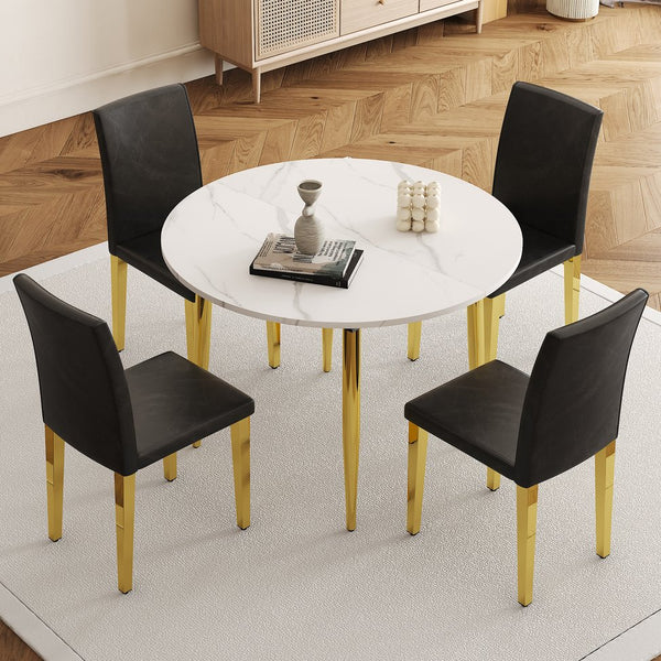 English Elm Table and Chair Set Extendable Round Mdf Top Gold Legs Four Pu Dining Seats Black,White+Gold W1151S04830