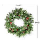 Christopher Knight Home® - Noble House - - 2-Packed 24'' Glitter Bristle Mixed Wreath With With 9 Red Berry And 9 Pine Cones And 50 Warm White Led Lights With Timer-Battery Operated-Outdoor, 150 Tips