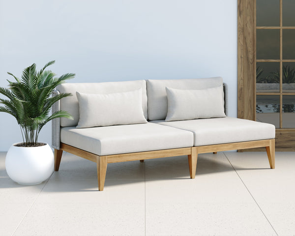 Sunpan Ibiza 2 Seater Sofa - Modern Outdoor Lounge with Durable Teak Frame, Eco-Friendly Fabric & Comfort Natural / Stinson White