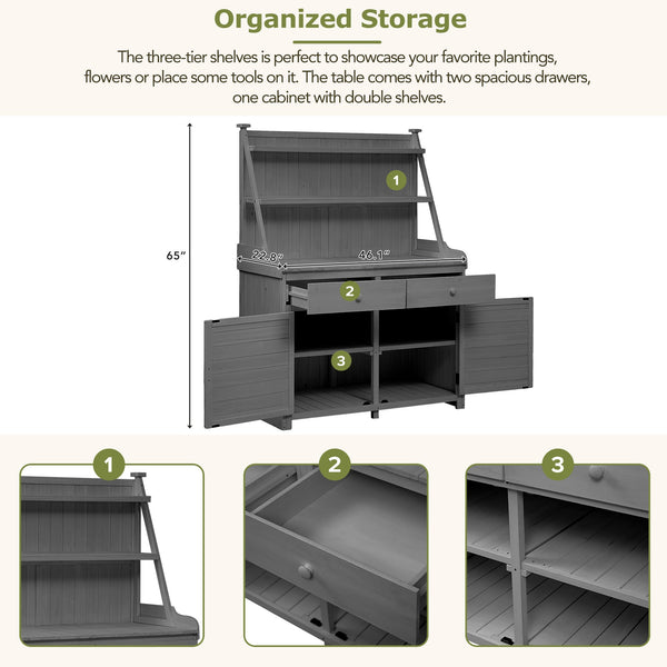 English Elm [Assembly 65inch Garden Potting Bench Table Fir Wood Workstation with 3-Tier Shelves Drawers Cabinet for Organization and Durability Gray N717P220217E