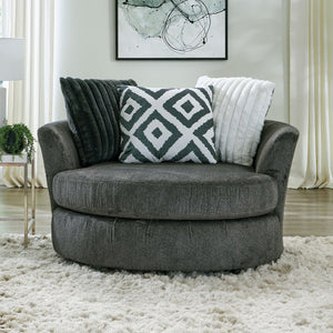 English Elm Gun Loughlin Swivel Chair Gun Metal Finish Curved Padded Arms Wooden Legs Reversible Cushions 59" B2741P380824