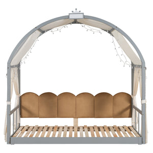 English Elm Twin Pinewood Ground-Level Canopy Bed with Arched Roof and Trundle for Kids—Whimsical, Sturdy Design Gray N820P181648E
