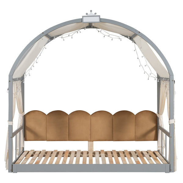 English Elm Twin Pinewood Ground-Level Canopy Bed with Arched Roof and Trundle for Kids—Whimsical, Sturdy Design Gray N820P181648E