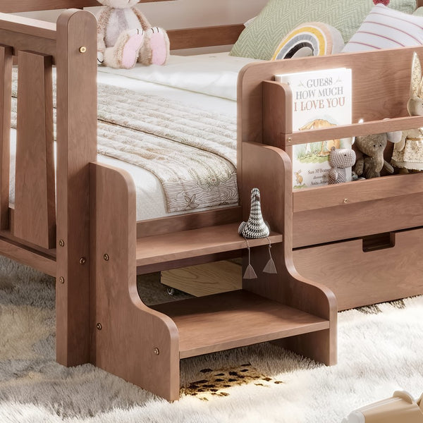 English Elm Queen Bunk Bed with Trundle Solid Pine Kids Car Themed Frame Built-in Bookshelf Natural W1580S00543