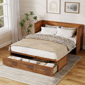 English Elm Queen Murphy Cabinet Bed Pine Wood Geometric Panels Usb Charging Guest Room Storage W504S00303