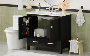 English Elm 36" Black Bathroom Vanity with Ceramic Sink, Soft-Close Doors, Divided Drawer & Double Shelves — Modern Storage Solution for Small to Medium Baths N729P276609B