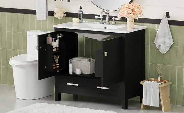 English Elm 36" Black Bathroom Vanity with Ceramic Sink, Soft-Close Doors, Divided Drawer & Double Shelves — Modern Storage Solution for Small to Medium Baths N729P276609B