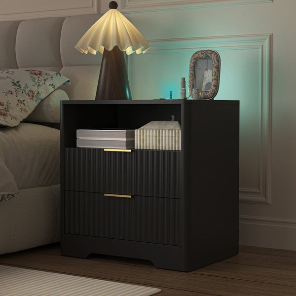 English Elm Nightstand Smart Bedside Table with Usb Charging Voice Light and Cabinet Storage W1321P399420