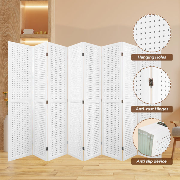 English Elm 8 Panel Pegboard Room Divider 5.6ft Folding Wooden Privacy Screen Freestanding Display White W2701P189940