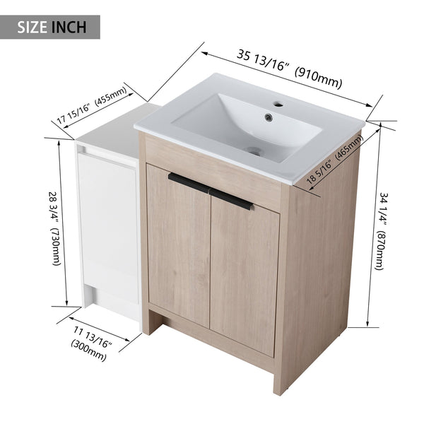 English Elm 36 Inch Freestanding Bathroom Vanity With Ceramic Sink, Soft-Close Doors & Ample Storage Solutions W999S00302