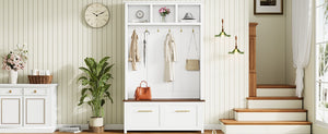 English Elm On-trend Entryway Hall Tree with Gold Hooks Bench Drawers and Shoe Cabinet Storage White N721S000056K-1