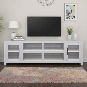 English Elm Haven 82" TV Stand with Glass Doors & Cable Management, Oak Veneer, Fully Assembled White Finish B108P364416