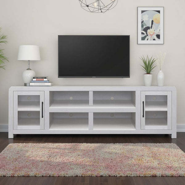 English Elm Haven 82" TV Stand with Glass Doors & Cable Management, Oak Veneer, Fully Assembled White Finish B108P364416