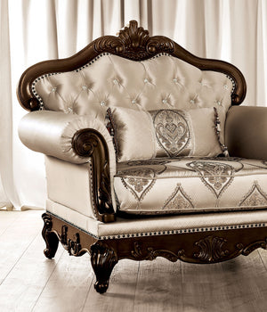 English Elm Traditional Carved Tufted Accent Chair with Rolled Arms, Nailhead Trim and Elegant Upholstery Beige,Cherry 49 L x 36 W x 22 H B2741P380258