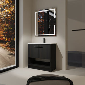 English Elm 36" Bathroom Vanity With Ceramic Sink, Soft-Close Doors, Modern Plywood Cabinet & Open Shelf Storage W1972S00020