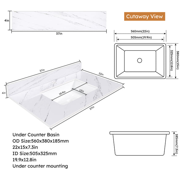 English Elm 37 Inch Marble Vanity Top - Elegant Bianco Carrara With Undermount Sink & 4" Backsplash For Style W2700P194074