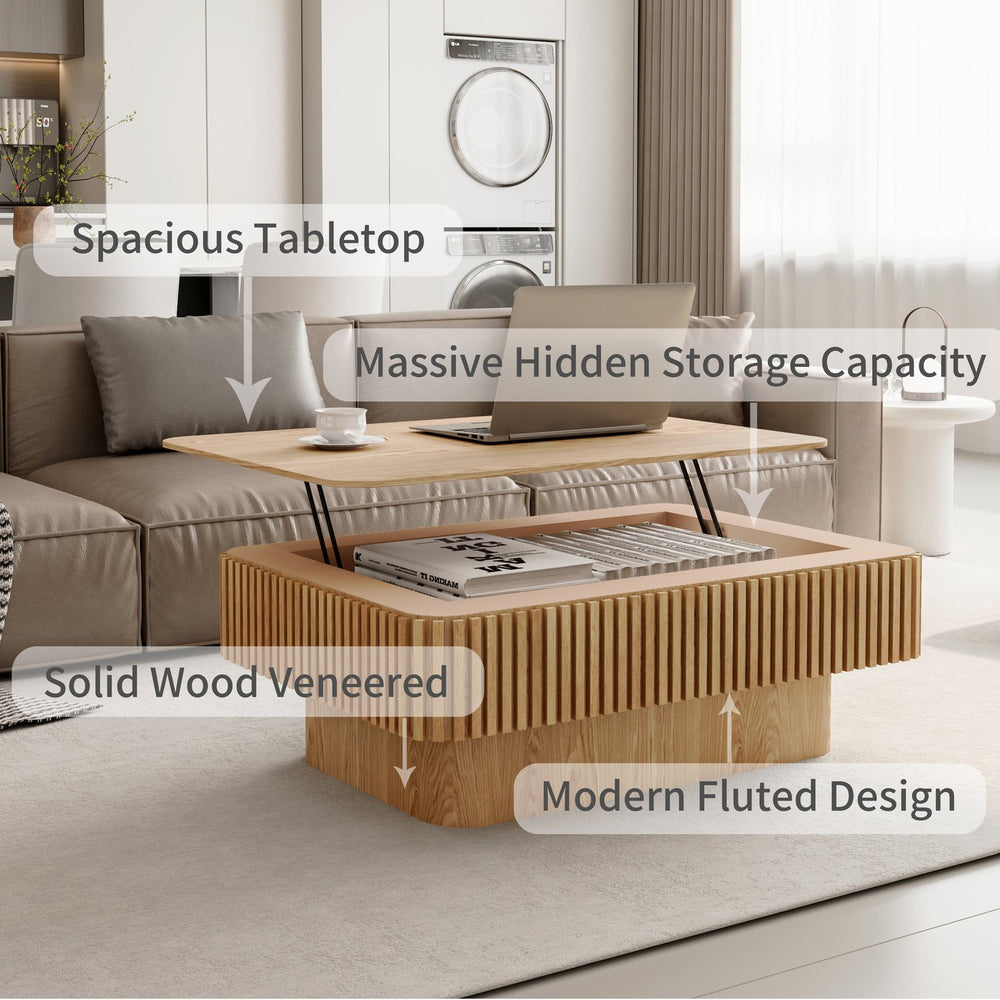 English Elm 38.6'' Fluted Lift-top Coffee Table with Hidden Storage Adjustable Modern Matte Surface Natural Wood W1435P293218