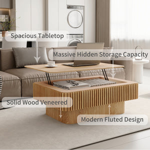 English Elm 38.6'' Fluted Lift-top Coffee Table with Hidden Storage Adjustable Modern Matte Surface Natural Wood W1435P293218