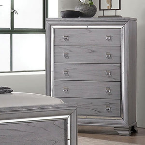 English Elm Contemporary Chic Five-Drawer Chest with Chrome Legs, High-Gloss Coating, Smooth Modern Design Light Gray 42 L x 21 W x 58 H B2741P368144