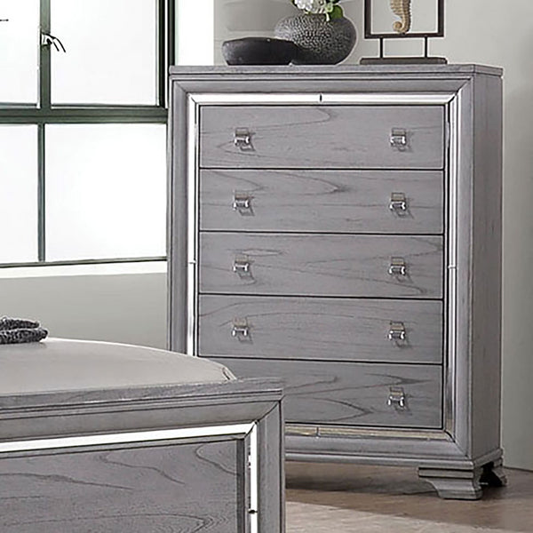 English Elm Contemporary Chic Five-Drawer Chest with Chrome Legs, High-Gloss Coating, Smooth Modern Design Light Gray 42 L x 21 W x 58 H B2741P368144