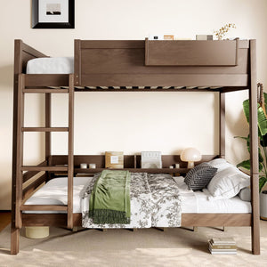 English Elm Full Pine Bunk Bed with Integrated Bookshelves Guardrails and Detachable Frame Wood W5316S00013