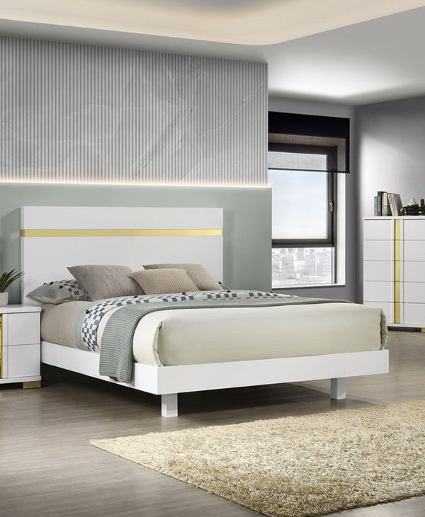 English Elm White Modern Queen Size Bed Frame With Underbed Led Light, Acrylic Trim & Wooden Headboard B2741S00171-GIGA
