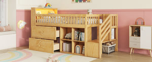 English Elm Twin Loft Bed with Built-In Stairs, Shelves, Hanging Rod & 2 Drawers for Space-Saving Kids Room Natural 45.87 L x 18.5 W x 10.83 H W2593S00005