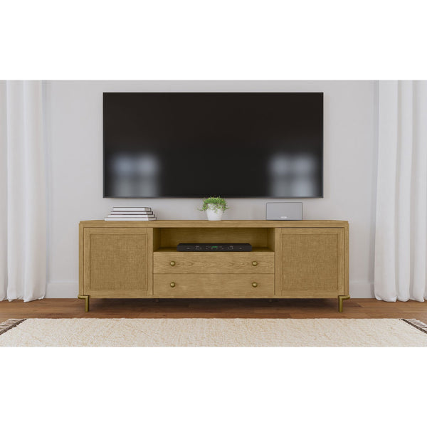 English Elm Benson Wide Rattan Door Media Console with Aged Brass Legs for Modern Living Rooms Sand B062P440119