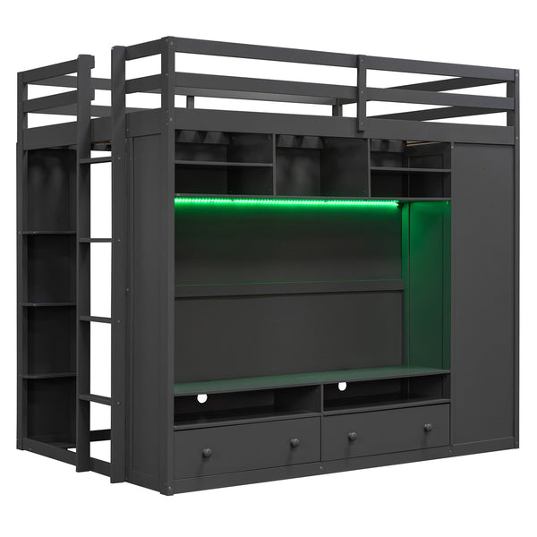English Elm Full Size Loft Bed with Led Lighting Wardrobe Drawers and Shelves for Teen Rooms Gray LT000499AAE
