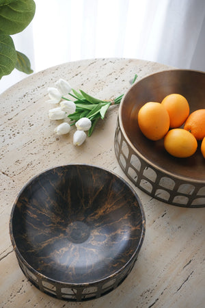 English Elm S/2 Iron Decorative Trays with Roman Arch Cutouts in Two Tone Gold Black W2078P440522