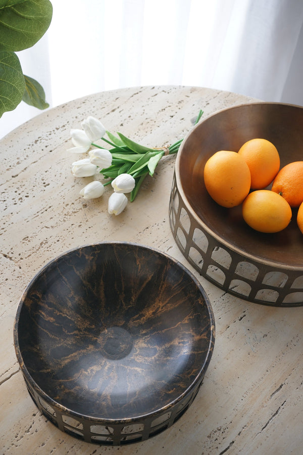 English Elm S/2 Iron Decorative Trays with Roman Arch Cutouts in Two Tone Gold Black W2078P440522