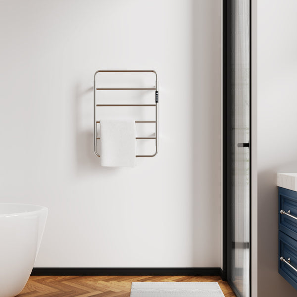 English Elm 18.7" Heated Towel Rack with Touchscreen Timer, 6-Bar Stainless Steel 150W Rapid Warm Carbon Fiber Brushed Nickel T3177P305025