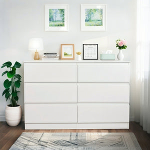 English Elm 6 Drawer Modern Dresser with Concealed Handles, Spacious Top, Durable Wood Storage Cabinet for Bedroom White W3204P318437