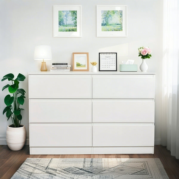 English Elm 6 Drawer Modern Dresser with Concealed Handles, Spacious Top, Durable Wood Storage Cabinet for Bedroom White W3204P318437