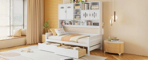 English Elm Twin Size Wooden Daybed With Storage Drawers, Cabinet & Shelf – Stylish Space-Saving Solution! N820S00015K-GIGA