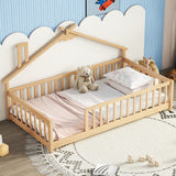 Hearth and Haven Twin House-Shaped Bedside Floor Bed with Guardrails, Slats, Without Door , Natural W504P143299